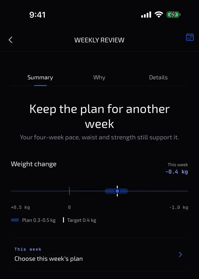 Bion weekly review recommending that the user keep the plan for another week