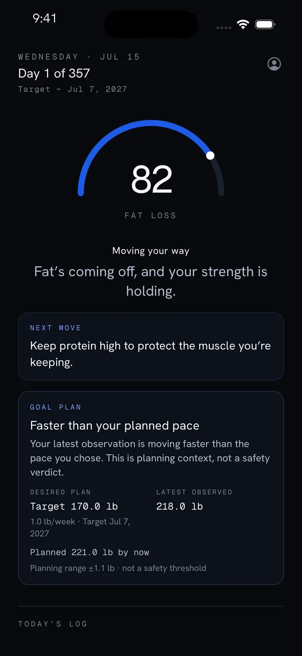 Bion showing a Fat Loss Score, the result, and a useful next move