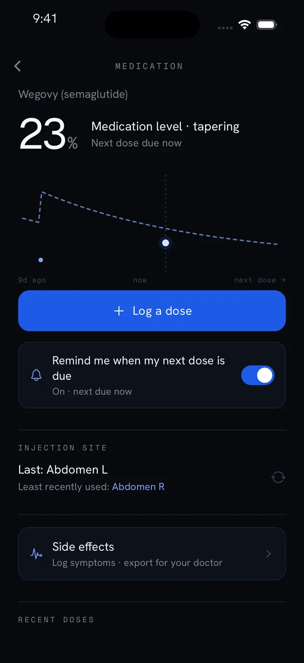Bion medication screen showing the current medication level, next dose, and injection site