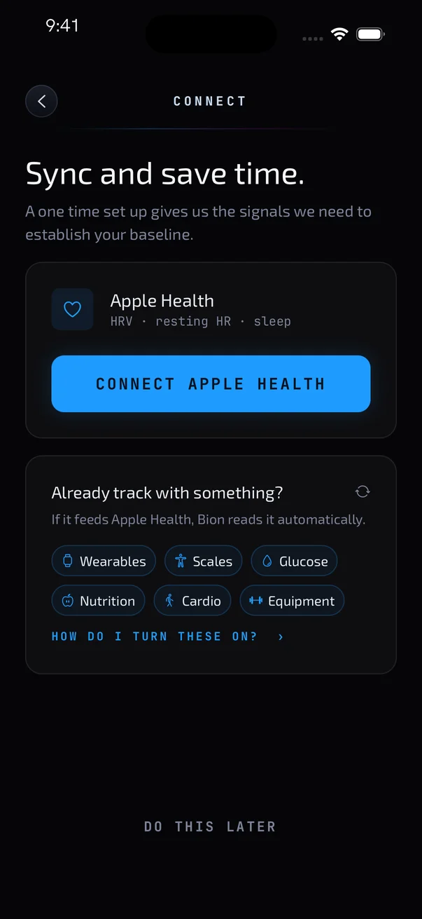 Bion connection screen for Apple Health, wearables, scales, nutrition, and training data