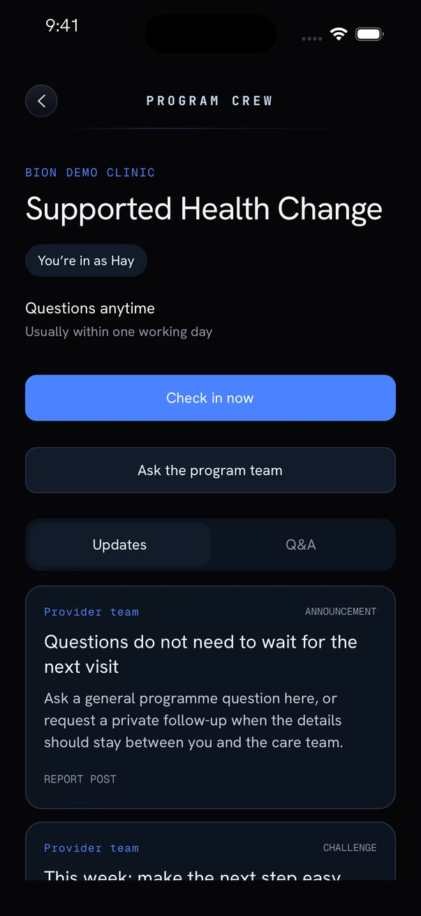A Bion Program Crew with check-ins, updates, and a way to ask the support team