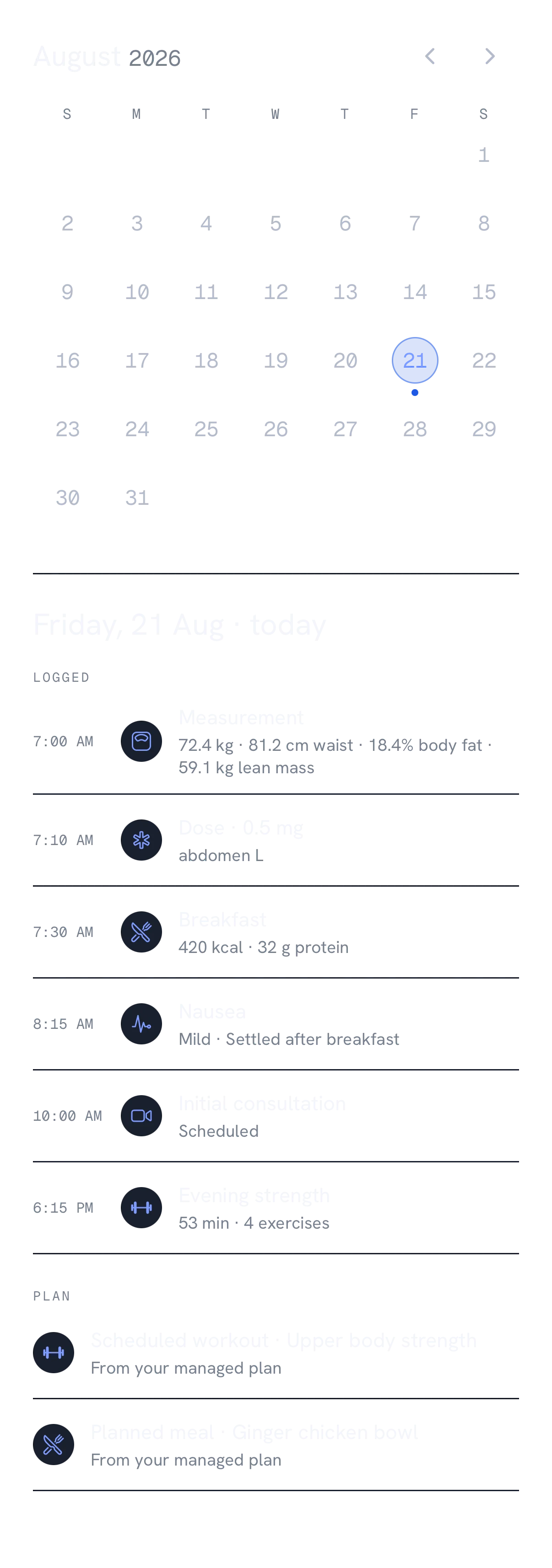 A full Bion Calendar day showing a measurement, logged dose, breakfast, symptom, consultation, and strength workout in sequence