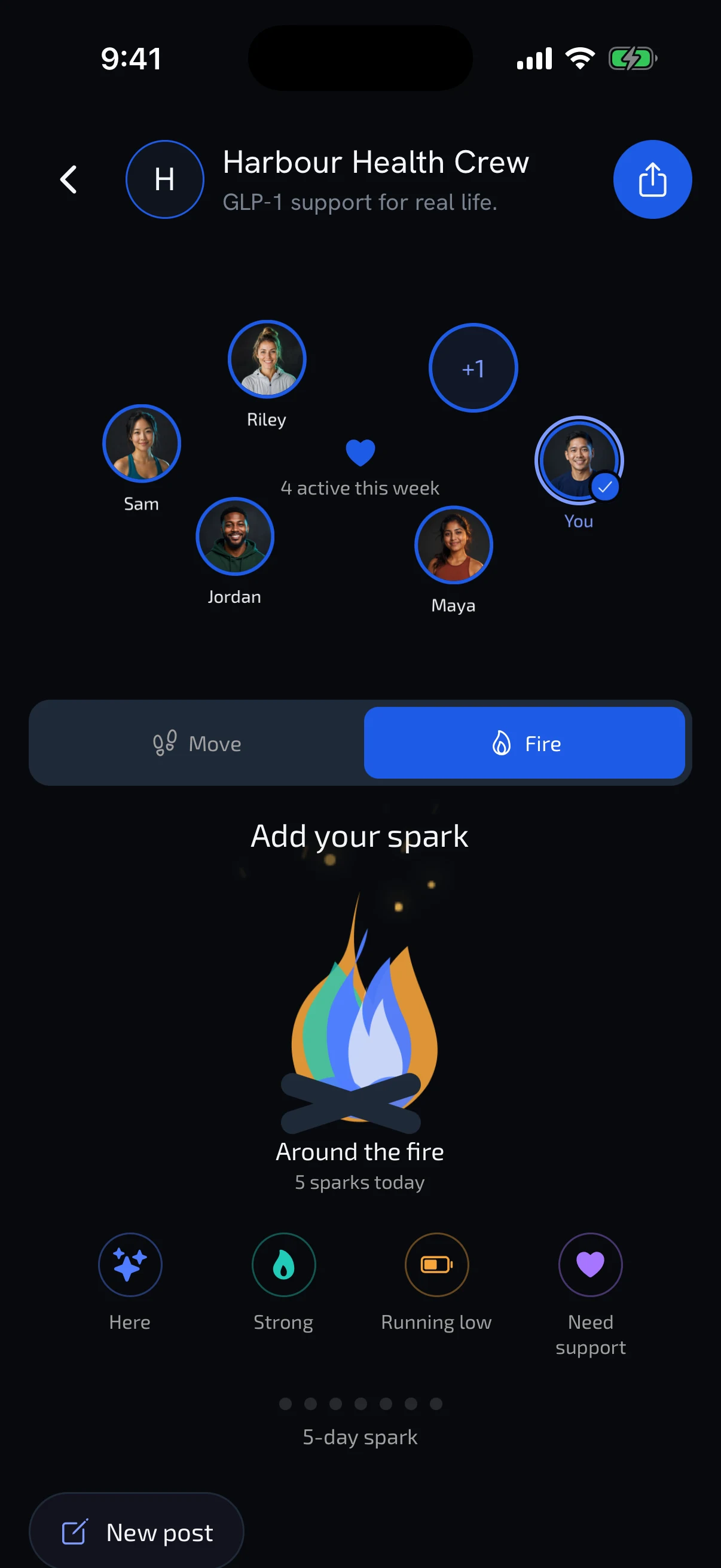 A provider-run Crew Campfire where members share how they are doing in Bion's current Crew foundation