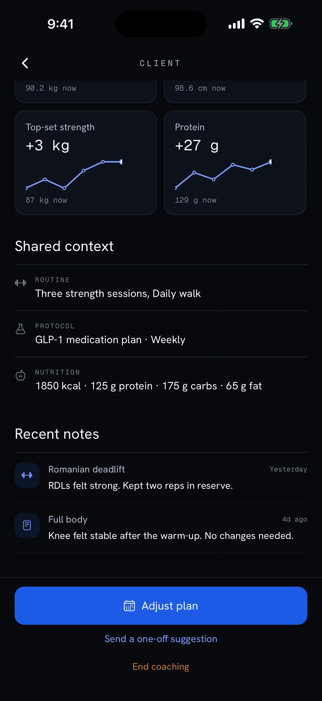 Bion coach workspace with a client check-in, progress, and current plan