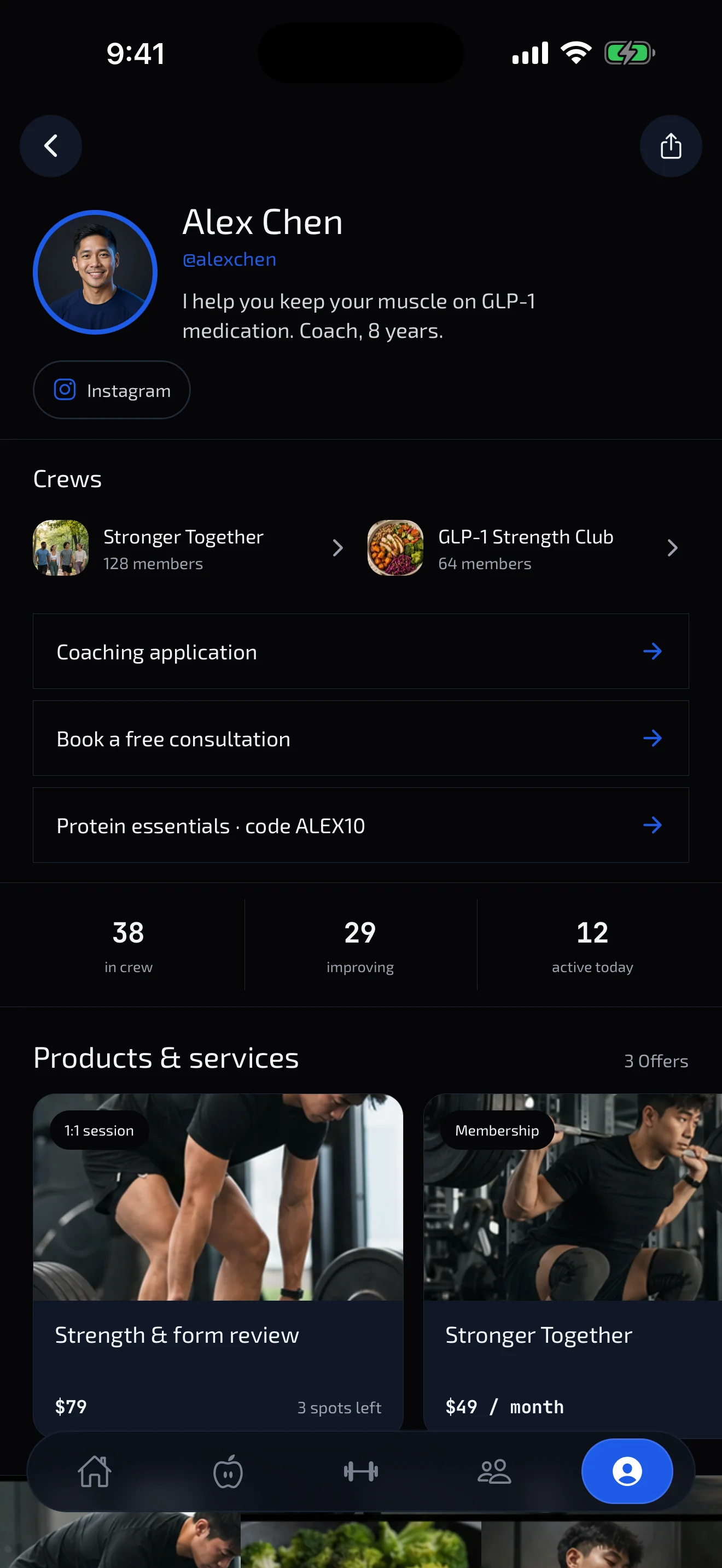 Finished Bion coach profile for Alex Chen with Crew images, applications, links and visual offers