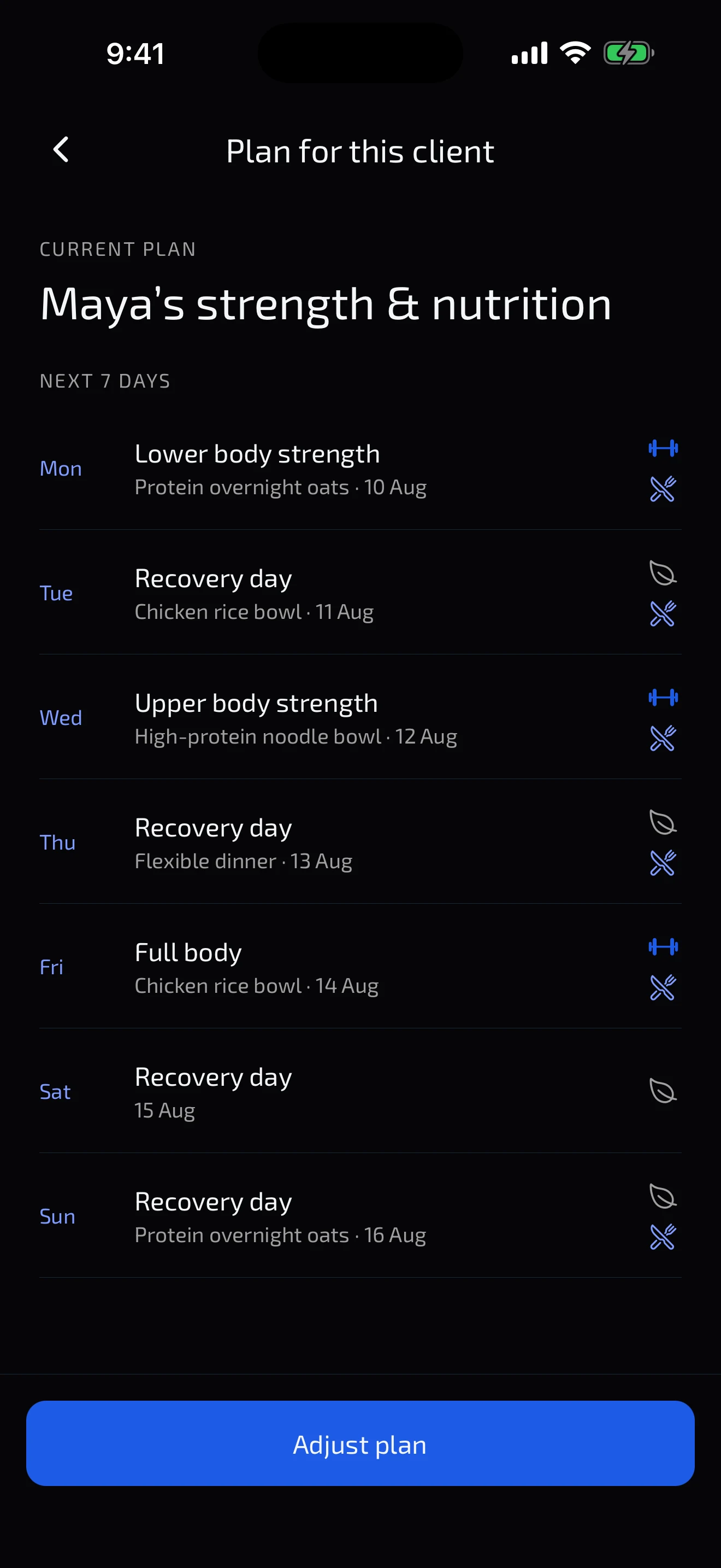 Bion client plan with workouts, meals, and recovery across the week