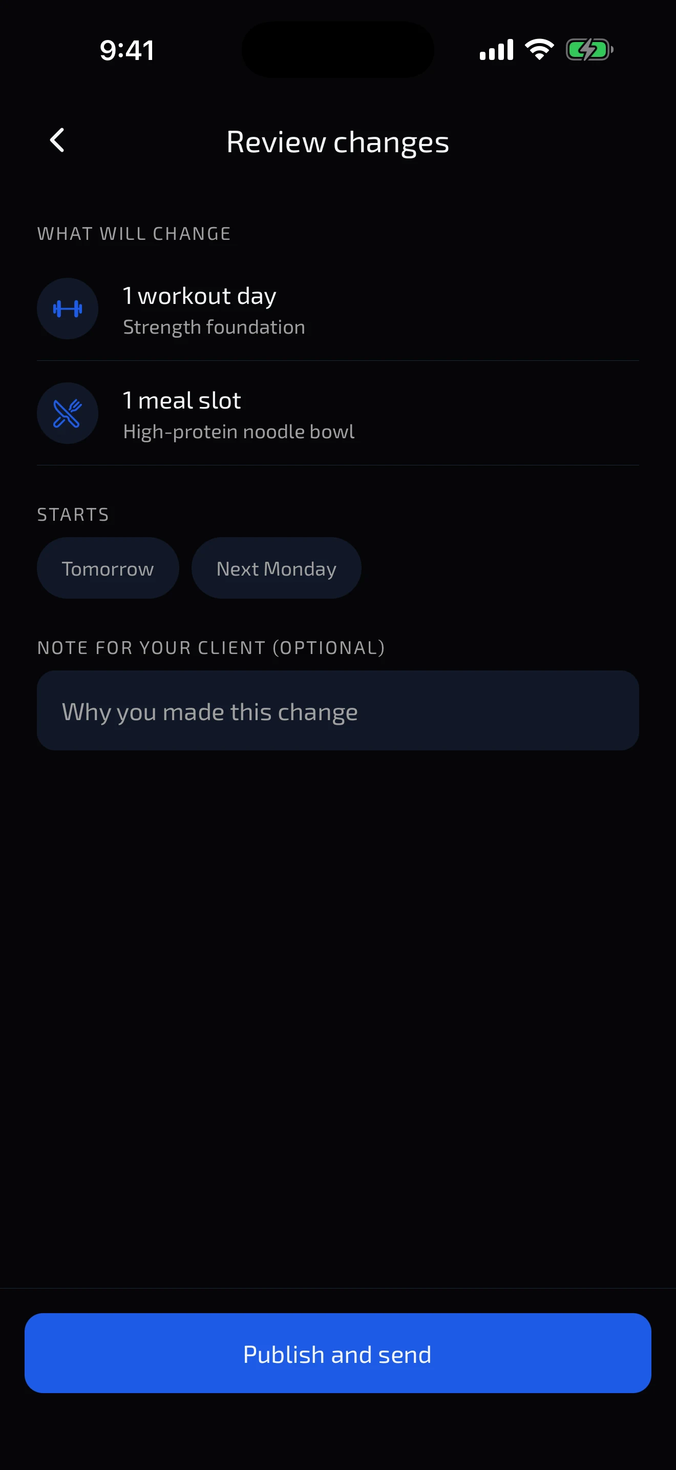 Bion review screen for checking changes before publishing a client plan