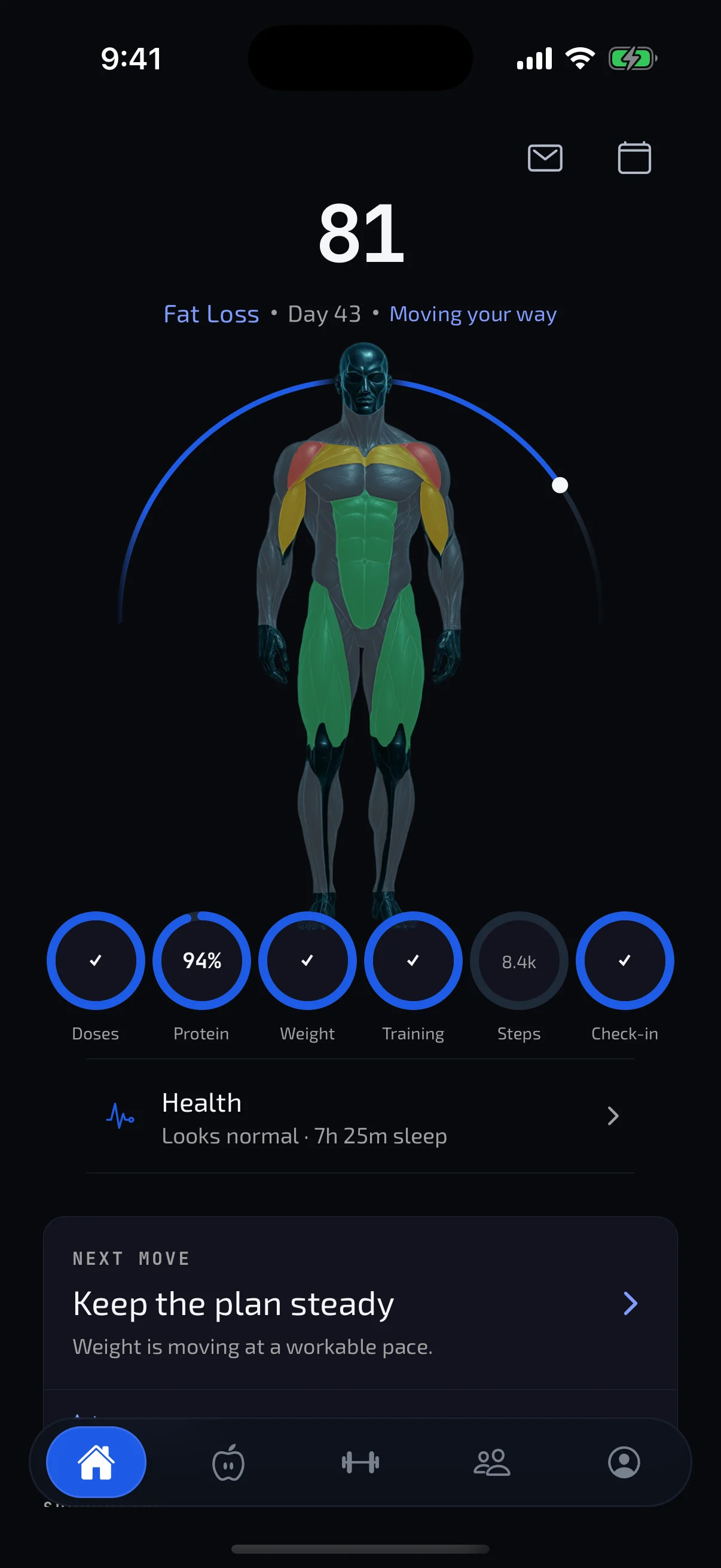 Bion Home showing a Fat Loss Score, muscle context, daily signals and a Next Move