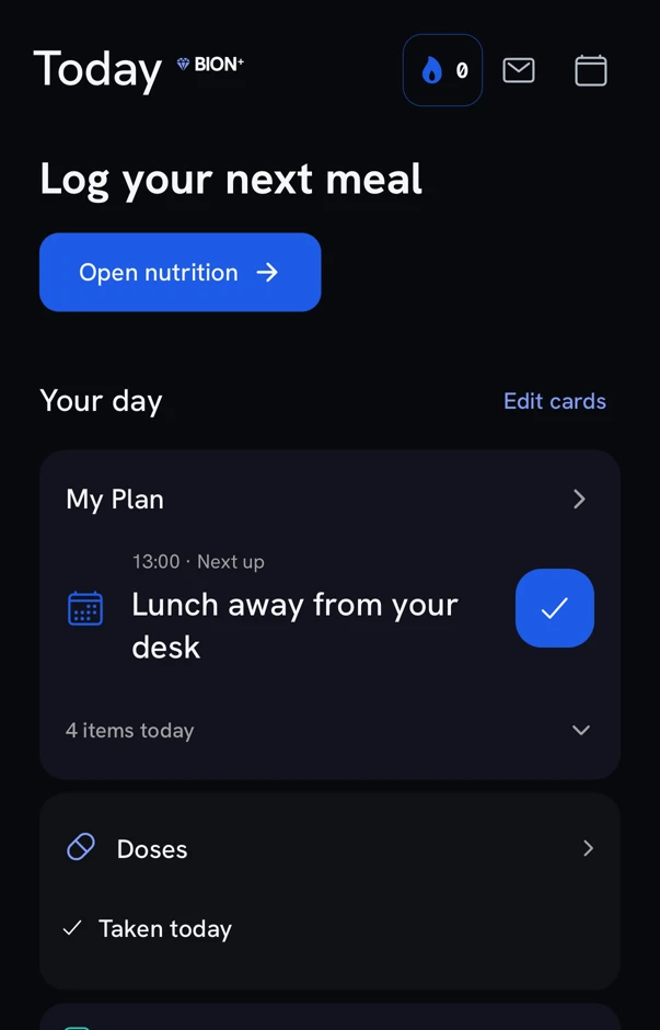 Bion Today screen showing the next meal action, My Plan and Doses cards